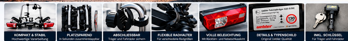 Detailansichten des Fahrradträgers: kompakte Bauweise, Faltmechanismus, Halterungen, Beleuchtung, Typenschild und Schlüssel